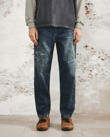  URBAN REVIVO - Quần jeans nam ống đứng phối rách cá tính 