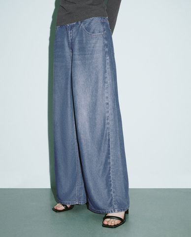  URBAN REVIVO - Quần jeans nữ ống rộng lưng thun Straight 