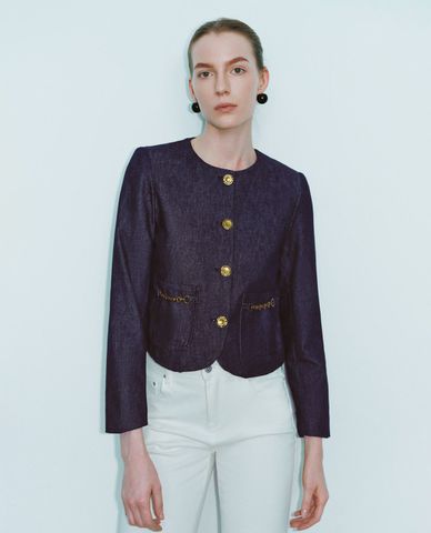  URBAN REVIVO - Áo khoác denim nữ phom croptop phối nút Cropped 