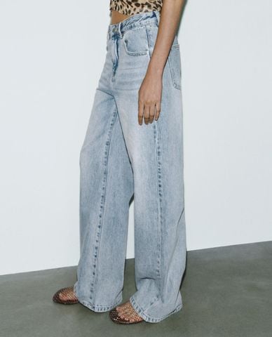  URBAN REVIVO - Quần jeans nữ ống rộng wash bạc 