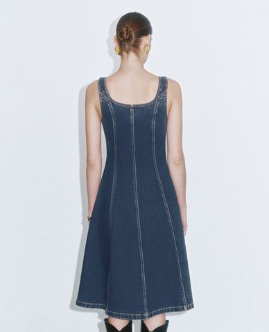  URBAN REVIVO - Đầm denim hai dây phom midi quyến rũ A-Line 