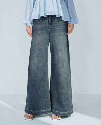  URBAN REVIVO - Quần jeans nữ ống rộng thời trang 