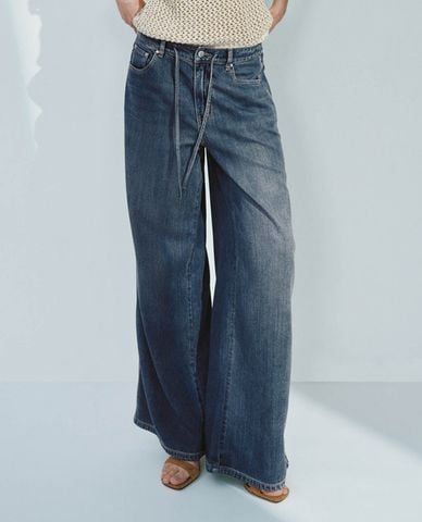  URBAN REVIVO - Quần jeans nữ ống rộng thắt dây cá tính 