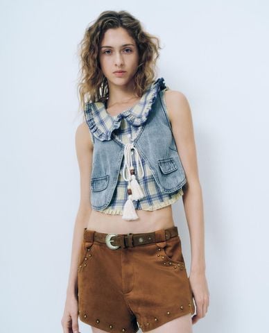  URBAN REVIVO - Áo khoác gilet nữ phối dây tua rua 