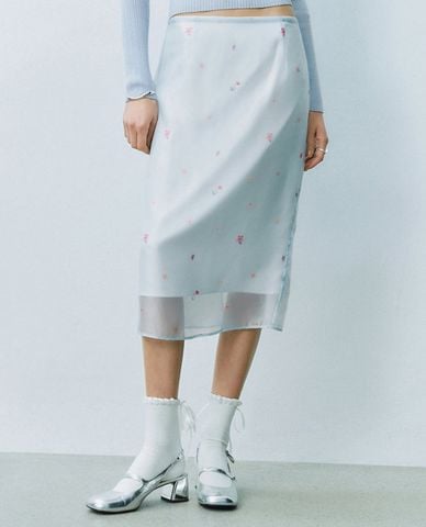  URBAN REVIVO - Chân váy phom suông midi Floral Sheer 