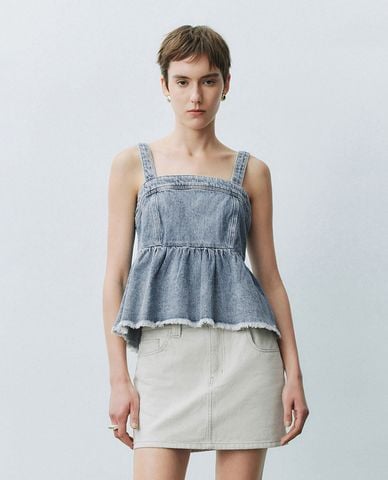  URBAN REVIVO - Áo hai dây nữ denim cổ vuông 