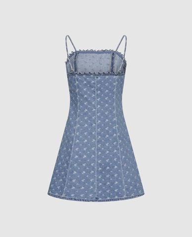  URBAN REVIVO - Đầm hai dây mini denim in hoa 