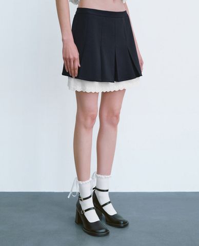  URBAN REVIVO - Chân váy chữ A mini xếp ly phối ren 