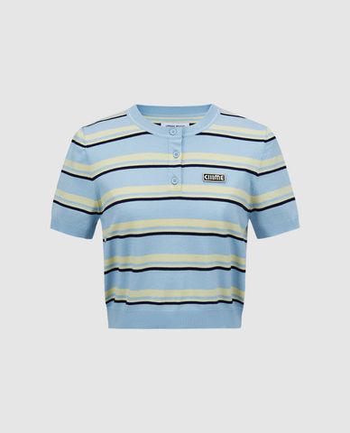  URBAN REVIVO - Áo dệt kim nữ cổ tròn tay ngắn họa tiết kẻ sọc 