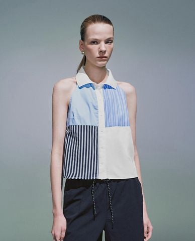  URBAN REVIVO - Áo sơ mi nữ sát nách phối màu độc đáo 