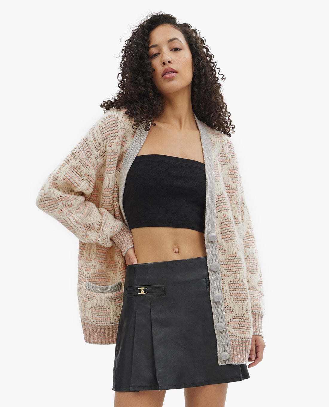 COACH - Áo khoác cardigan nữ cổ V tay dài phối nút thời trang