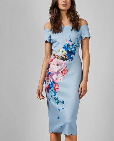  TED BAKER - Đầm midi bút chì bẹt vai viền vỏ sò họa tiết hoa Hailly 