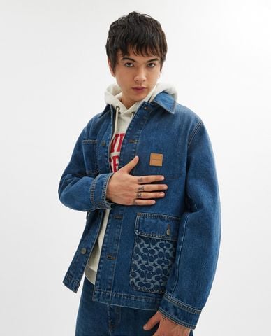 COACH - Áo khoác denim nam cổ bẻ tay dài Chore 