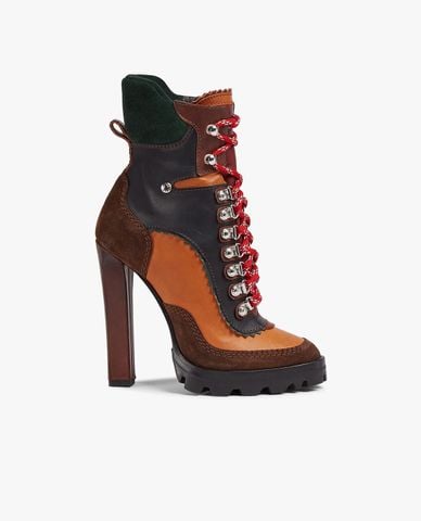 DSQUARED2 - Giày boots nữ mũi nhọn đế trụ phối dây buộc Canadian 
