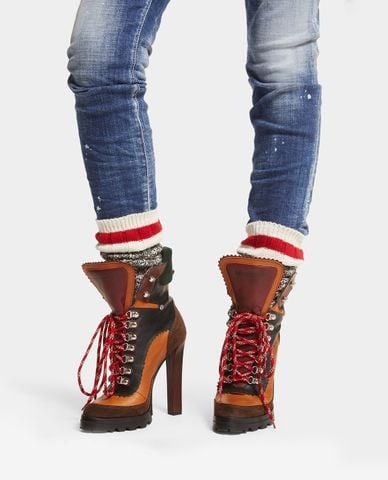  DSQUARED2 - Giày boots nữ mũi nhọn đế trụ phối dây buộc Canadian 