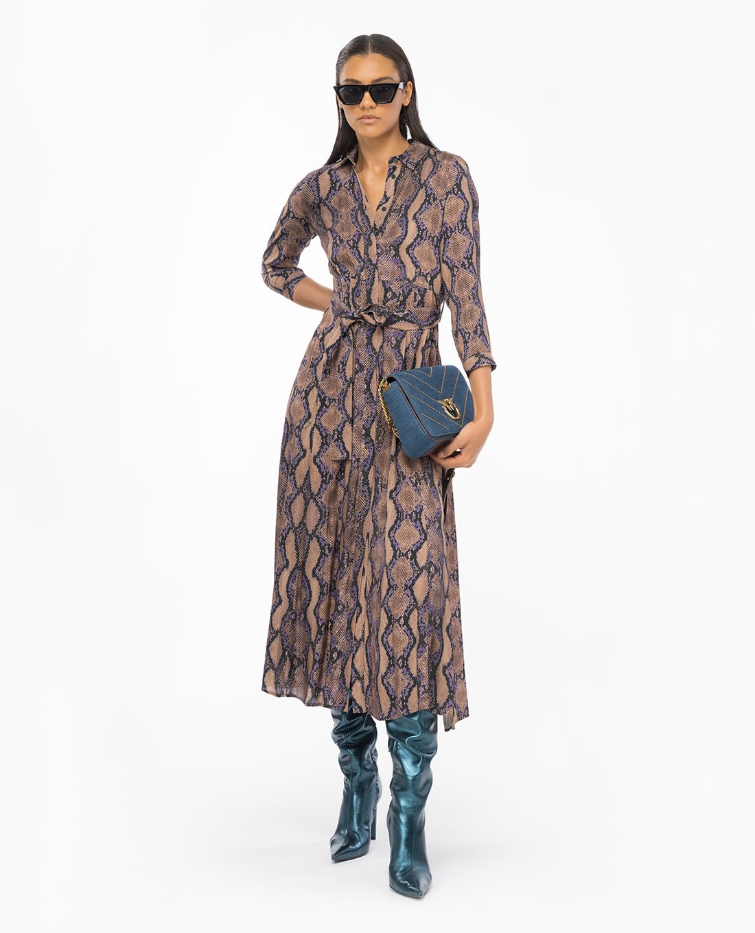 PINKO - Đầm sơ mi tay dài cột eo Sushi