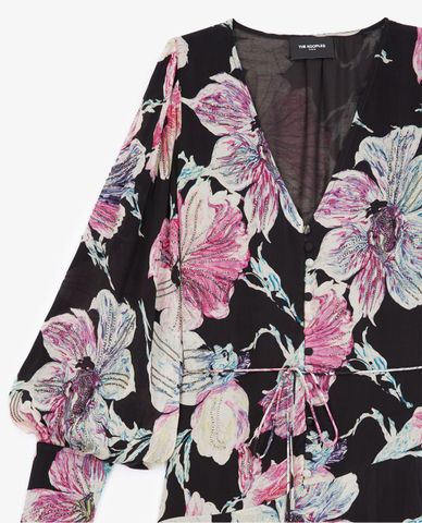  THE KOOPLES - Đầm midi xếp tầng lệch tà Floral Print 
