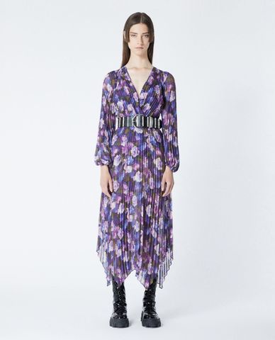  THE KOOPLES - Đầm midi cổ V tay dài xếp li Violet Print 