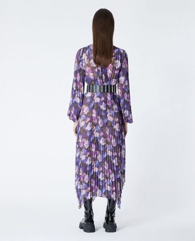  THE KOOPLES - Đầm midi cổ V tay dài xếp li Violet Print 