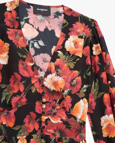  THE KOOPLES - Áo kiểu nữ cổ V tay dài Orange Floral Print 