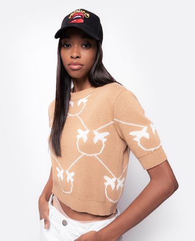  PINKO - Áo len nữ cổ tròn ngắn tay dáng lửng thời trang 