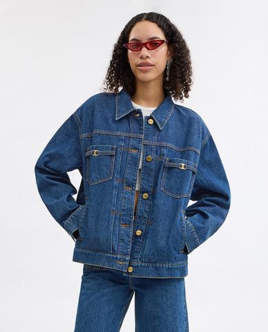  COACH - Áo khoác denim nữ cổ bẻ tay dài Heritage C Trucker 