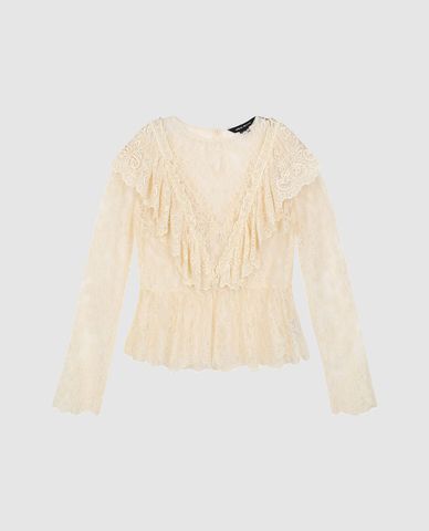  URBAN REVIVO - Áo kiểu nữ cổ V tay dài nhún bèo Ruffle Hem 