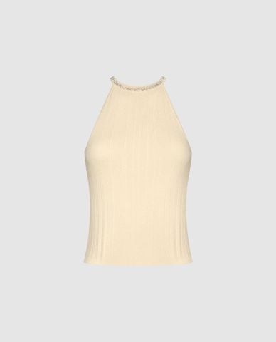  URBAN REVIVO - Áo dệt kim nữ cổ yếm đính đá 