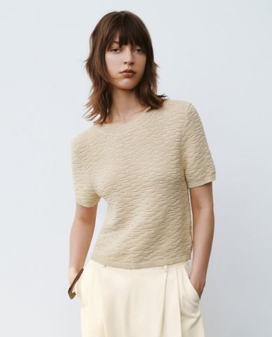  URBAN REVIVO - Áo dệt kim nữ cổ tròn tay ngắn hiện đại 