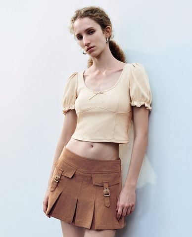  URBAN REVIVO - Áo kiểu nữ cổ chữ U tay bồng 