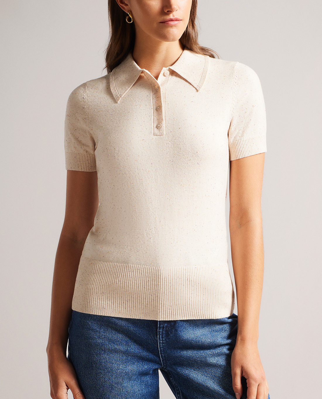 TED BAKER - Áo dệt kim nữ cổ gập tay ngắn phom ôm Saiydee