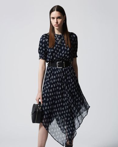  THE KOOPLES - Đầm midi cổ tròn Navy Blue Striped Long Summery 