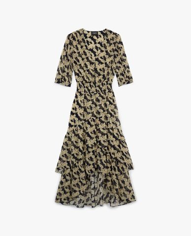  THE KOOPLES - Đầm midi cổ V tay ngắn Smocking And Frills 