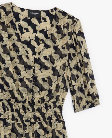  THE KOOPLES - Đầm midi cổ V tay ngắn Smocking And Frills 