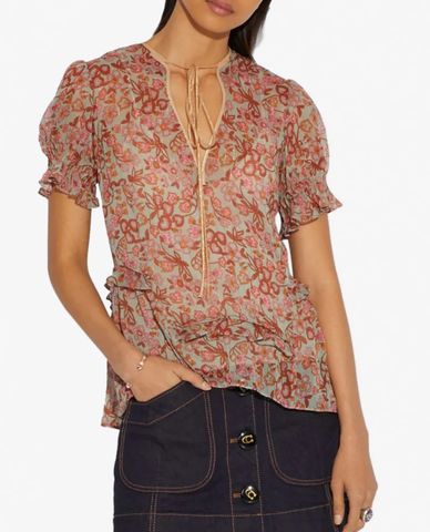  COACH - Áo kiểu nữ cổ V tay phồng Retro Floral Print 
