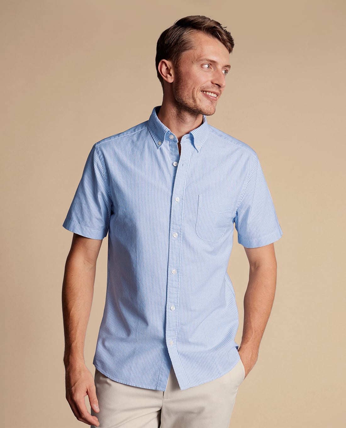 CHARLES TYRWHITT - Áo sơ mi nam cổ bẻ tay ngắn Oxford Stripe