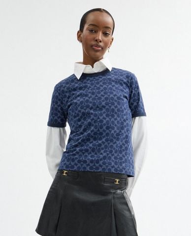  COACH - Áo thun nữ cổ tròn tay ngắn Signature Ringer 