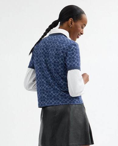  COACH - Áo thun nữ cổ tròn tay ngắn Signature Ringer 