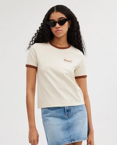  COACH - Áo thun nữ cổ tròn Signature Ringer 