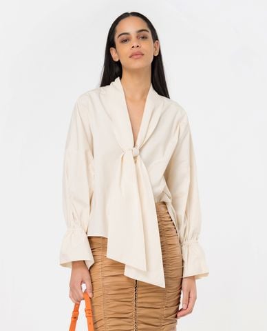  PINKO - Áo cổ V phối nơ tay dài bo thun Dedita 