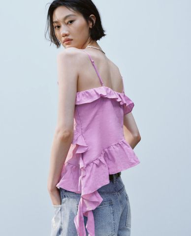  URBAN REVIVO - Áo hai dây nữ cổ V phối bèo 