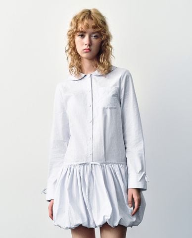  URBAN REVIVO - Đầm sơ mi cổ bẻ tay dài phom mini dáng bí hiện đại Bubble Hem 