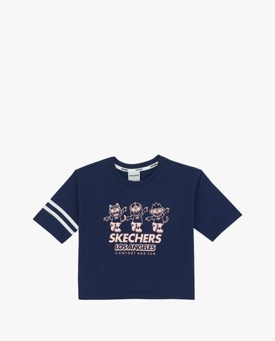  SKECHERS - Áo thun bé gái cổ tròn tay ngắn phối kẻ sọc 