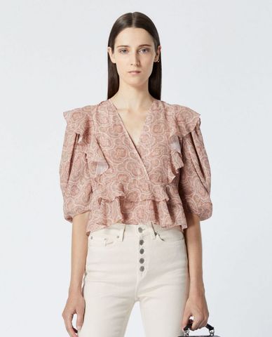  THE KOOPLES - Áo kiểu nữ tay lở cổ V Frilly Pink 