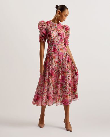  TED BAKER - Đầm xếp li midi cổ tròn tay phồng in hoa Botani 
