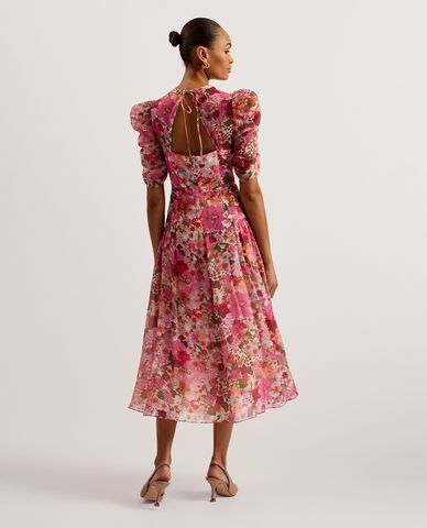  TED BAKER - Đầm xếp li midi cổ tròn tay phồng in hoa Botani 