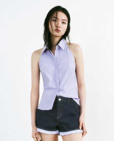  URBAN REVIVO -  Áo sơ mi nữ sát nách kẻ sọc 