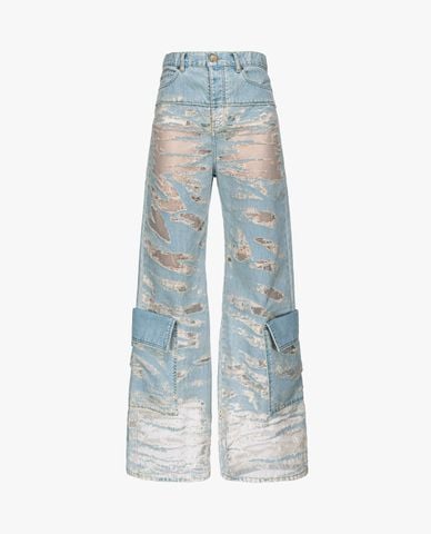  PINKO - Quần jeans nữ rách ống rộng phối túi hộp cá tính 