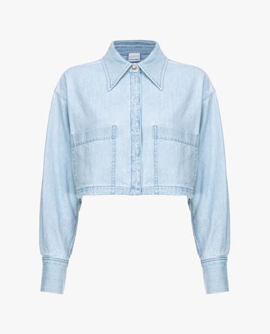  PINKO - Áo sơ mi denim croptop cổ bẻ tay dài phối túi Pergusa 