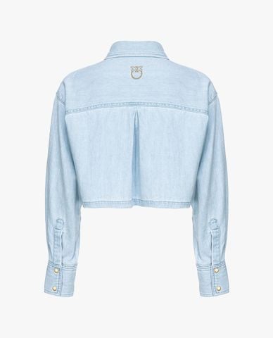  PINKO - Áo sơ mi denim croptop cổ bẻ tay dài phối túi Pergusa 